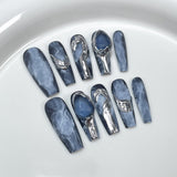 10pcs/Set Blue 3D Watercolor Gradient Press-On Nails