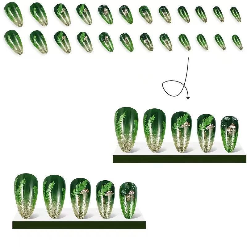 24pcs/Set Forest Green Gradient with Cute Mushrooms Press-On Nails
