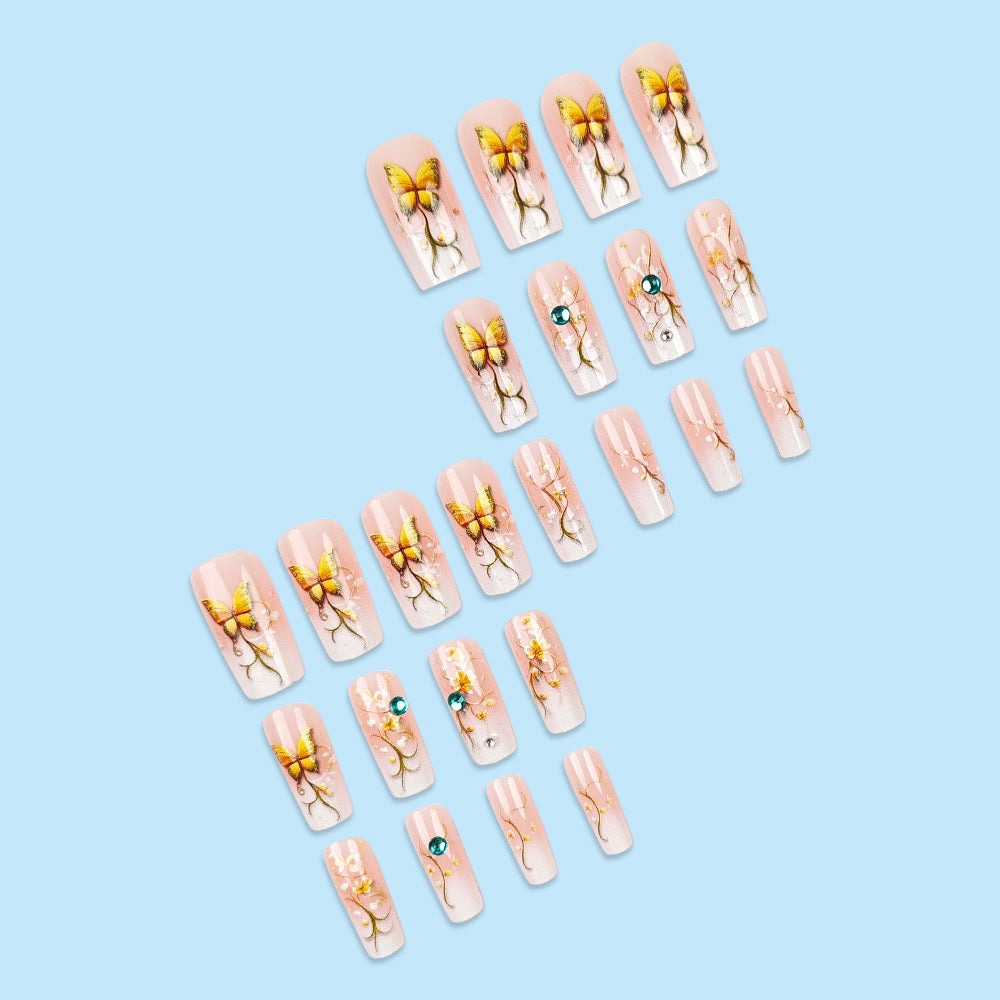 24pcs/Set Pink and White Gradient Flowers and Butterflies Press-On Nails