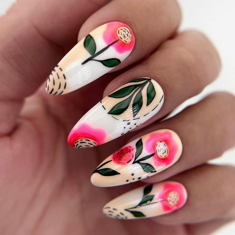 24pcs/Set Fresh Green Leaves and Small Flowers Press-On Nails