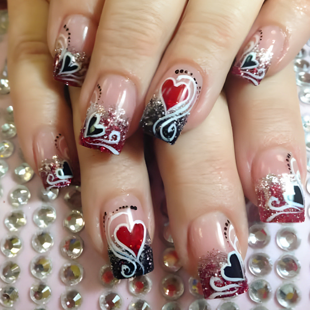 24pcs/Set Black and Red Glitter Striped Heart Press-On Nails