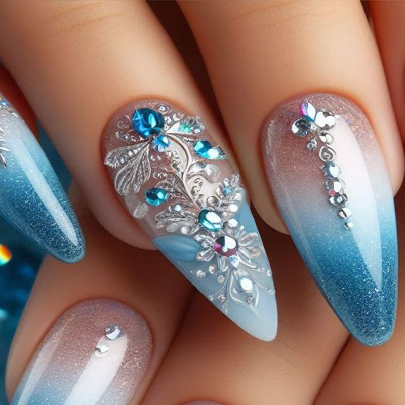 24pcs/Set Patterned Engraving with Rhinestones Press-On Nails