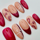 (Handmade) 10pcs/Set Christmas Candy Cane Bow French Press On Nails