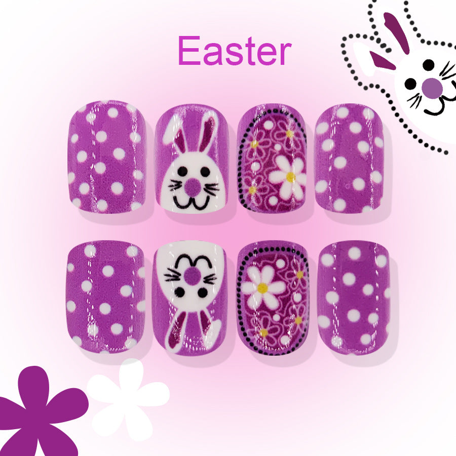 24pcs/Set Purple Floral Easter Egg Bunny Polka Dot Press-On Nails