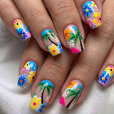 24pcs/Set Palm Trees & Hibiscus Flowers Press-On Nails