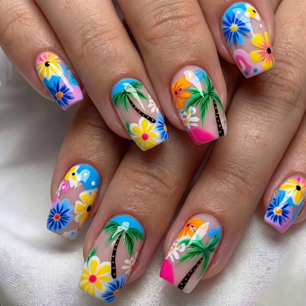 24pcs/Set Palm Trees & Hibiscus Flowers Press-On Nails