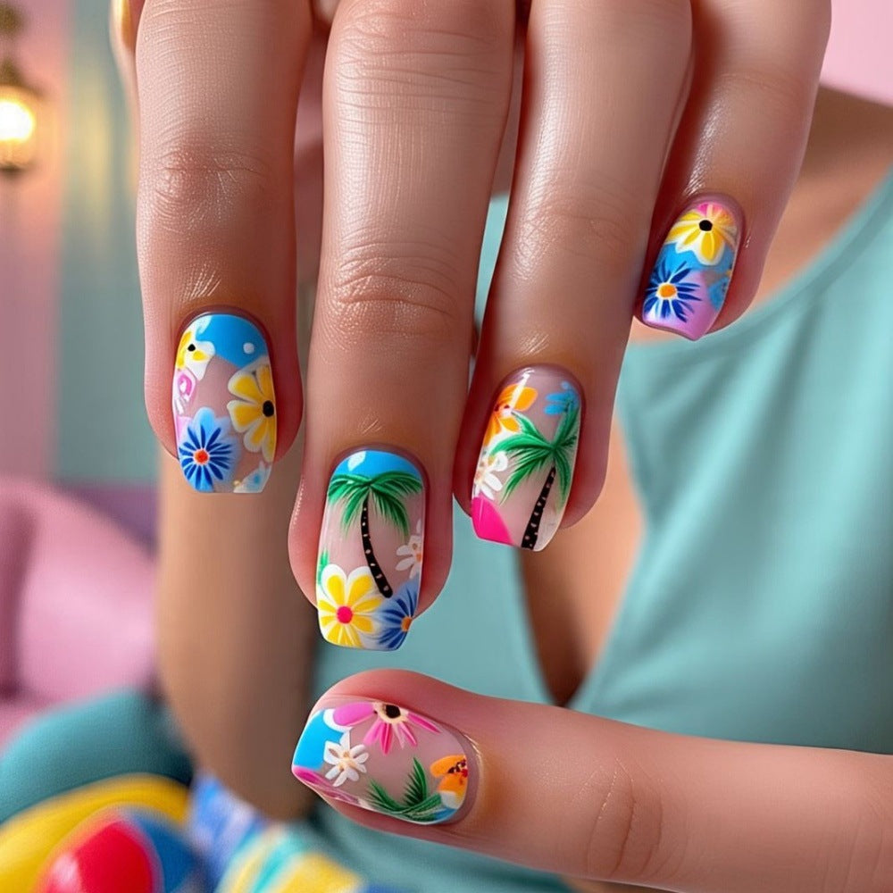24pcs/Set Palm Trees & Hibiscus Flowers Press-On Nails