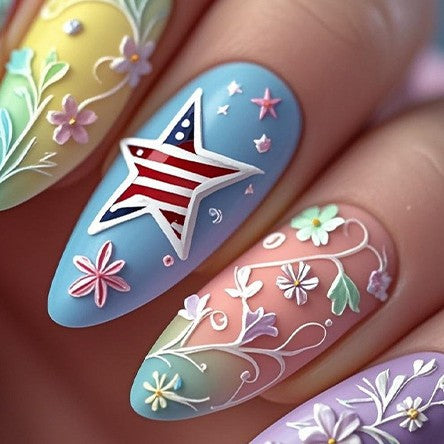 24pcs/Set Embossed Floral Stars and Stripes Press-On Nails