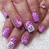 24pcs/Set Purple Floral Easter Egg Bunny Polka Dot Press-On Nails