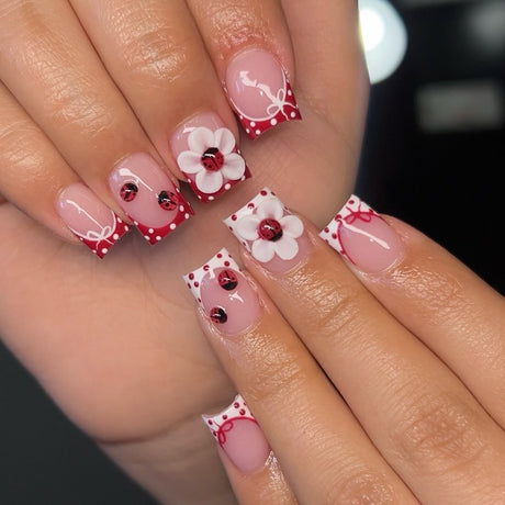 (Handmade) 10pcs/Set Ladybug & 3D Floral French Press-On Nails