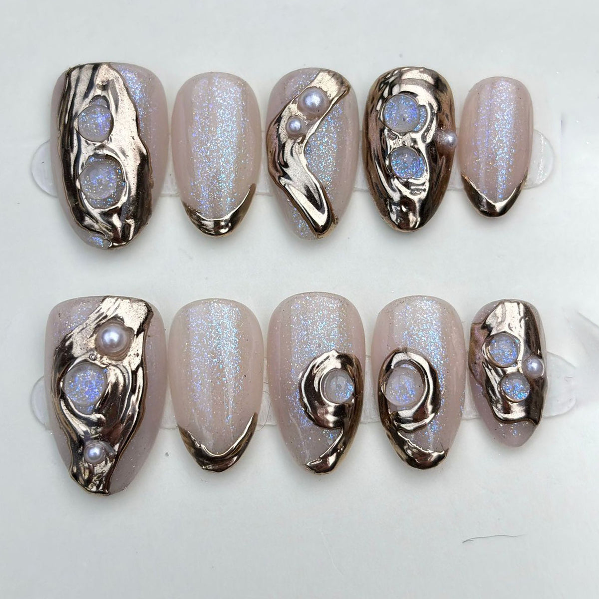 (Handmade) 10pcs/Set Aurora Cat Eye with Gold Foil Press-On Nails