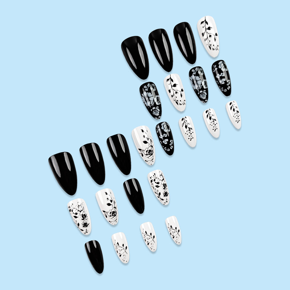 24pcs/Set Black and White Flowers Press-On Nails