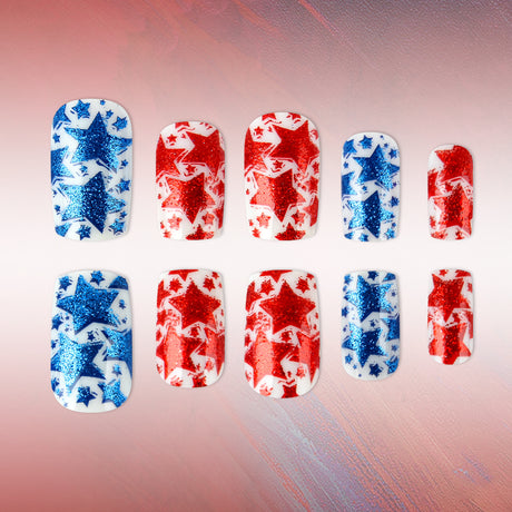 24pcs/Set Red & Blue Glitter Stars Press-On Nails