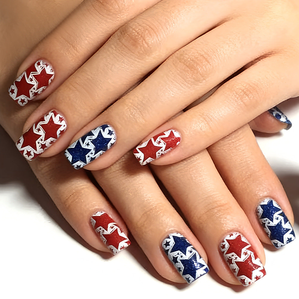 24pcs/Set Red & Blue Glitter Stars Press-On Nails