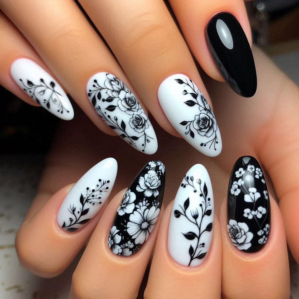 24pcs/Set Black and White Flowers Press-On Nails