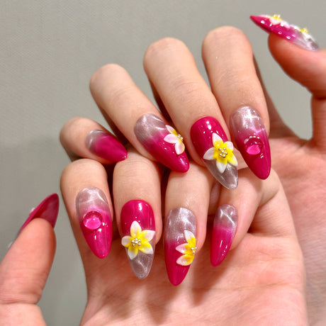(Handmade) 10pcs/Set Rose Cat-Eye with 3D Ice FlowersI and Water Ripple Press-On Nails