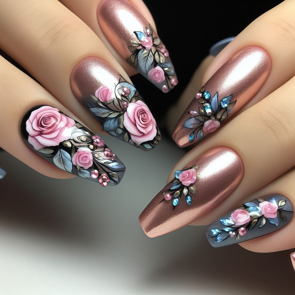 24pcs/Set Rose Gold Floral Press-On Nails