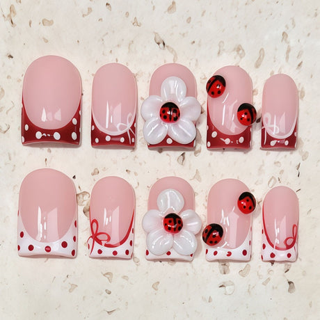 (Handmade) 10pcs/Set Ladybug & 3D Floral French Press-On Nails