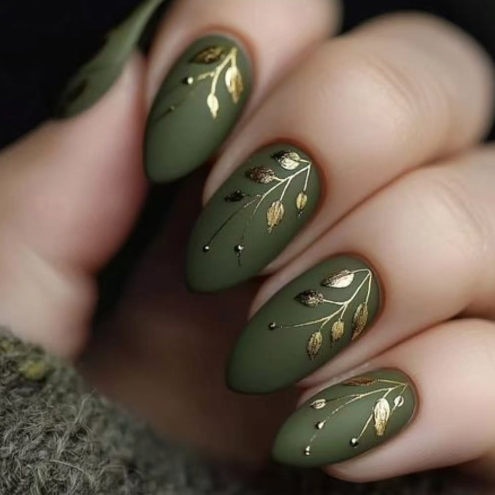 24pcs/Set Green Matte Gold Leaves Press-On Nails