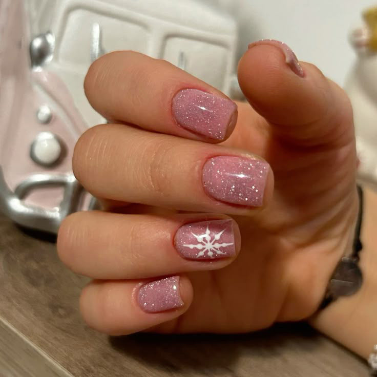 24pcs/Set Short Square Pink Snowflakes Press On Nails
