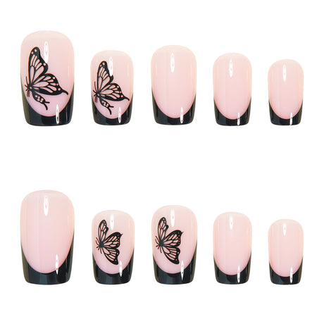 24pcs/Set Black French Tips with Black Butterfly Press-On Nails