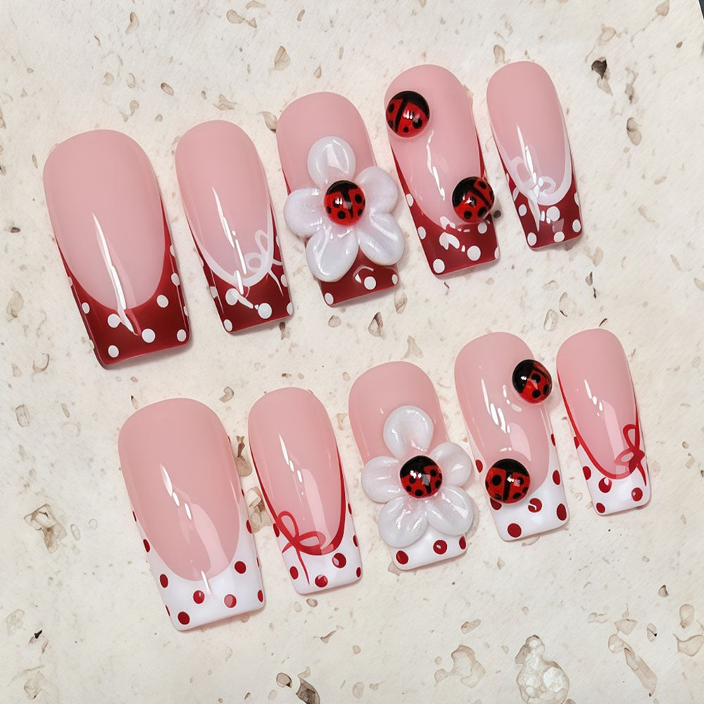 (Handmade) 10pcs/Set Ladybug & 3D Floral French Press-On Nails