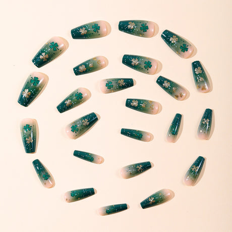 24pcs/Set Gradient Green Glitter Clover Hearts Press-On Nails