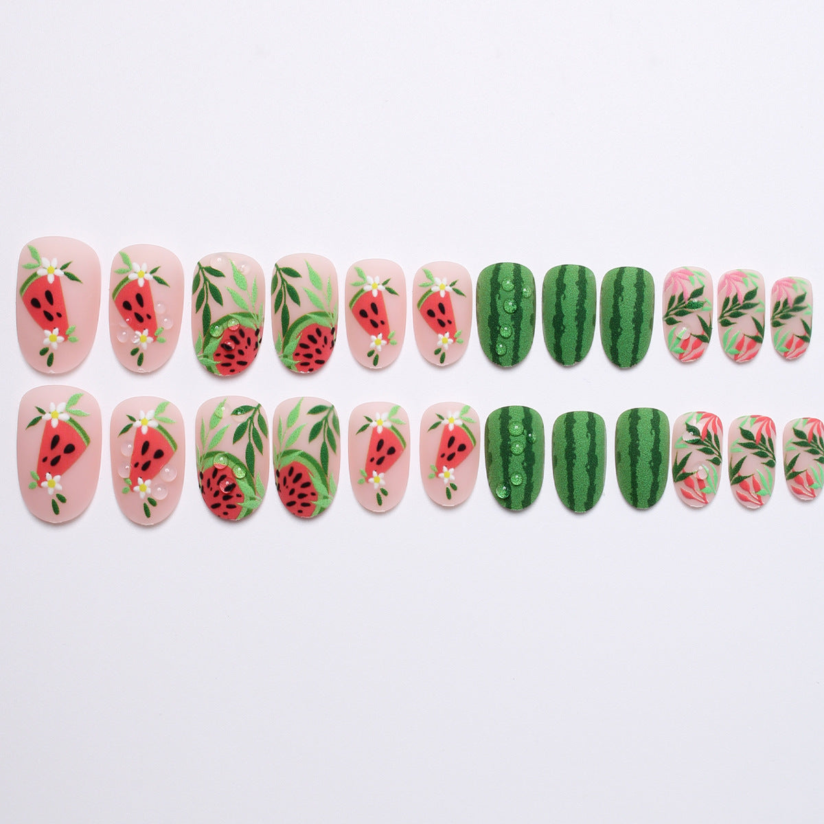24pcs/Set Fresh Floral Watermelont Press-On Nails