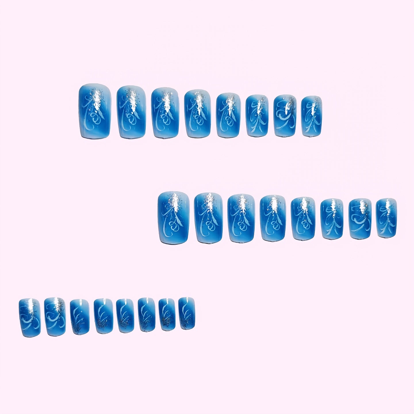 24pcs/Set Light Blue Silver Glitter Gradient Press-On Nails
