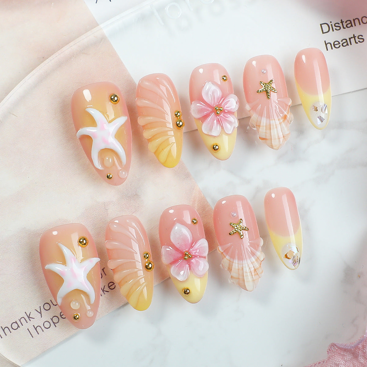 (Handmade) 10pcs/Set French Shell 3D Flowers Press-On Nails