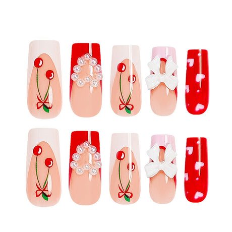 24pcs/Set Pink French Tips with Red Cherries Press-On Nails