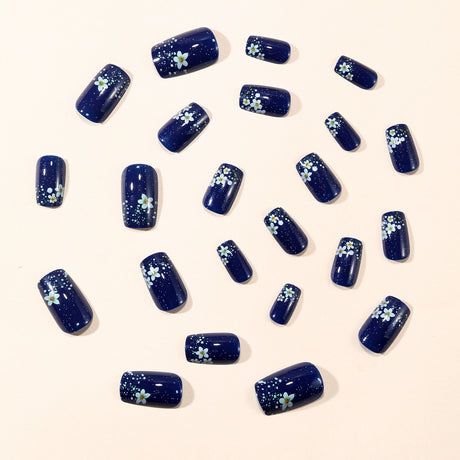 24pcs/Set Dark Blue Polka Dot Flower Press-On Nails