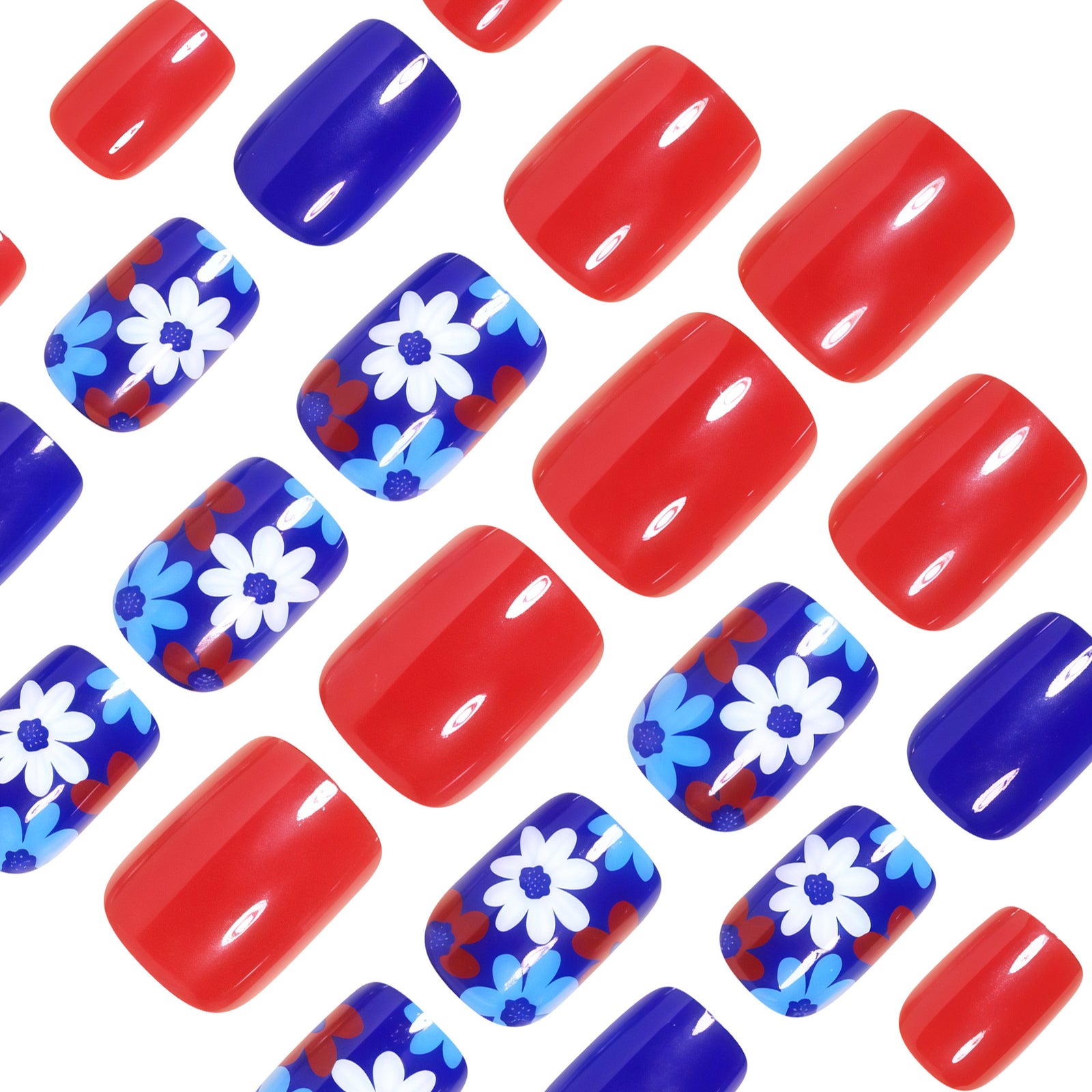 24pcs/Set Blue and Red floral Press-On Nails