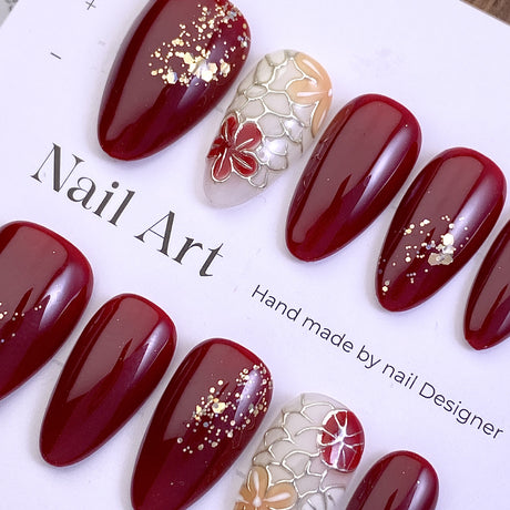 (Handmade) 10pcs/Set Red Gold Foil Hand-Painted Floral Press-On Nails