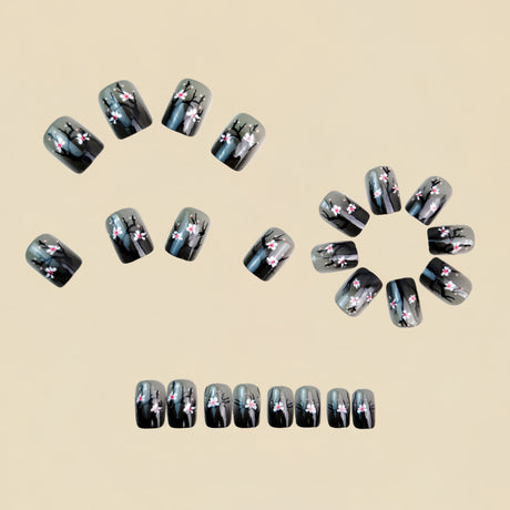 24pcs/Set Gray Small Flower Short Press On Nails
