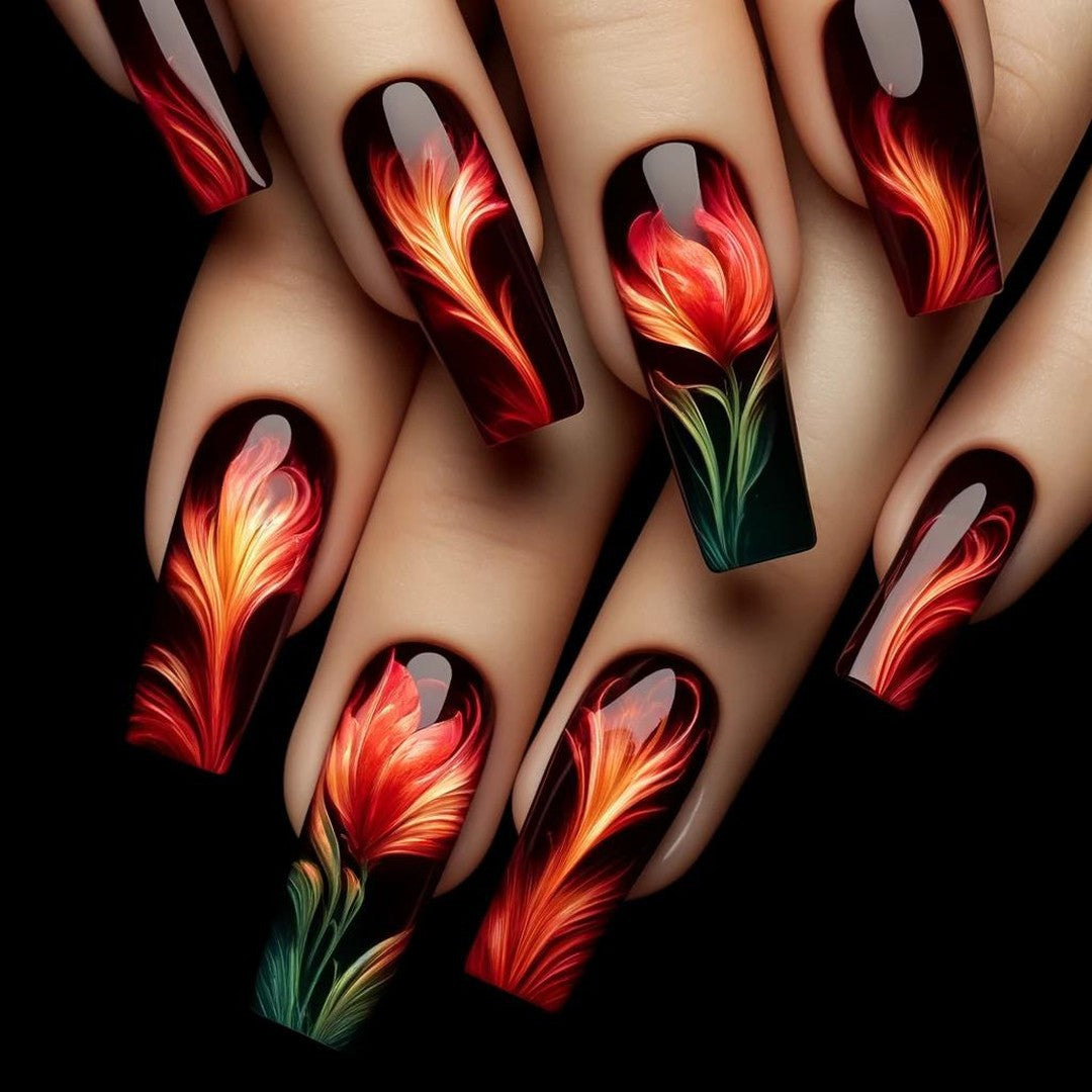 24pcs/Set Flame Red-Orange Gradient Flowers Press-On Nails