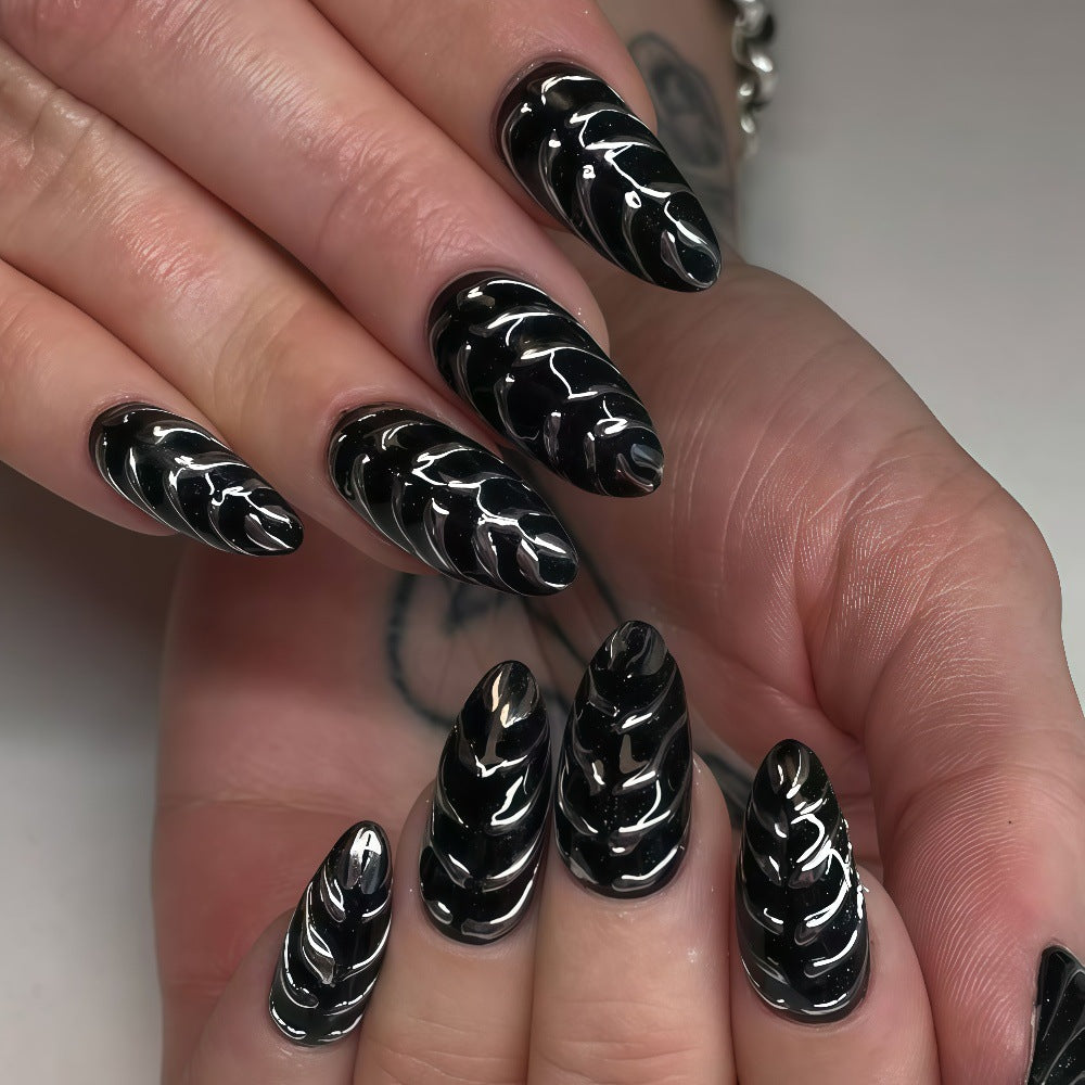 24pcs/Set 3D Black & Silver Fluid Texture Press-On Nails