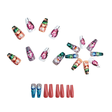 24pcs/Set Watercolor Lotus Flowers Press-On Nails