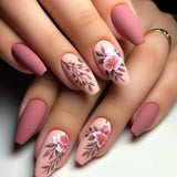 24pcs/Set Pink Embossed Peony Press-On Nails