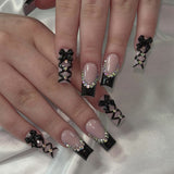 24pcs/Set Black Crisscross Strap French Tip with Bow Press-On Nails