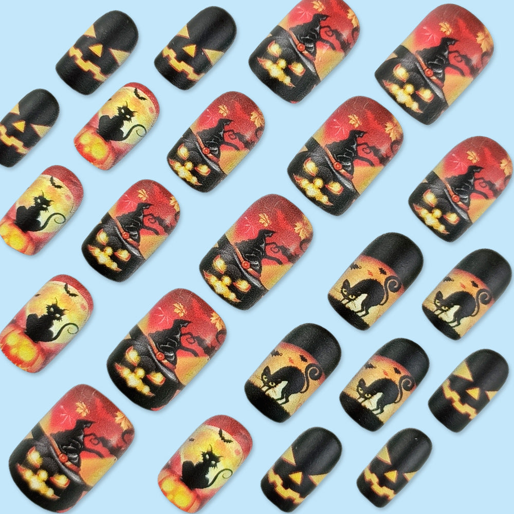 24pcs/Set Halloween Bats & Black Cats Short Press-On Nails