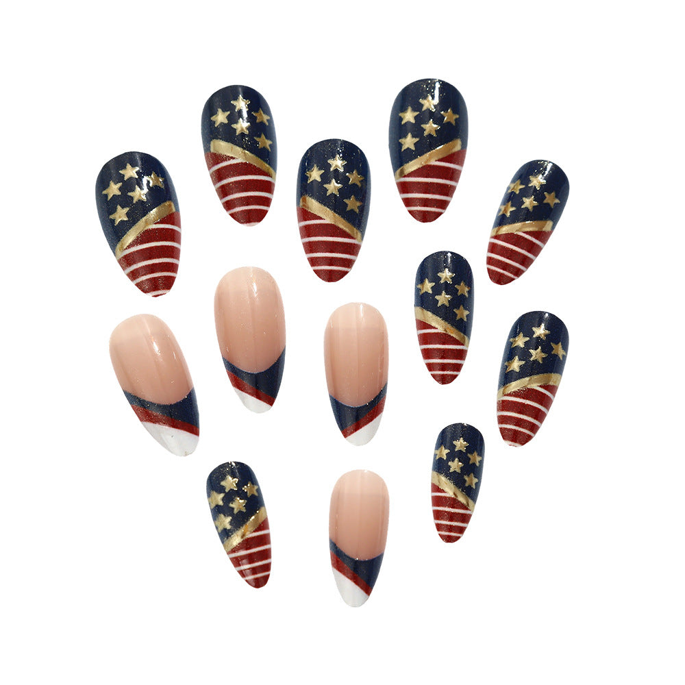 24pcs/Set Red and White Stripes with Gold Stars Press-On Nails