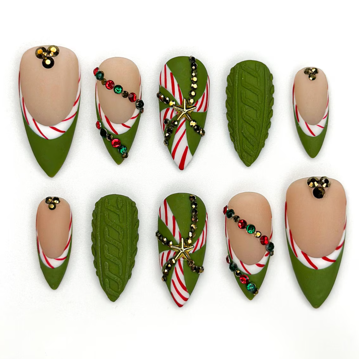 (Handmade) 10pcs/Set Green Matte Candy Cane Christmas Press On Nails