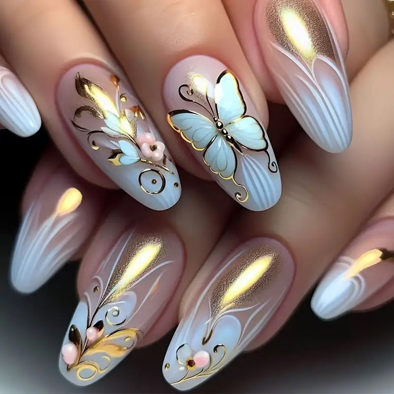 24pcs/Set Embossed Butterfly Sparkle Press-On Nails