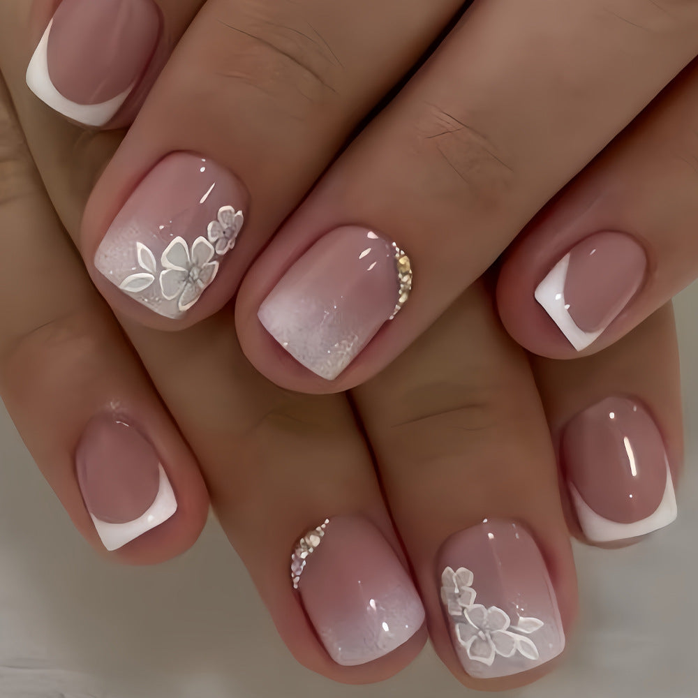24pcs/Set White-tip French with Floral Short Press On Nails