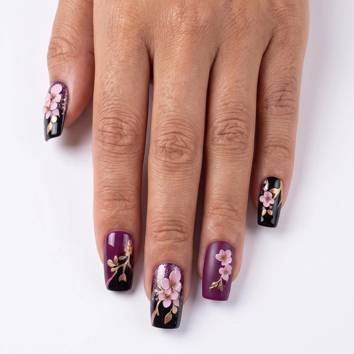 24pcs/Set Square Sakura Metallic Branches Short Press On Nails