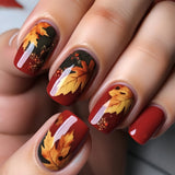 24pcs/Set Square Oil-Paint Style Maple Leaf Short Press-On Nails