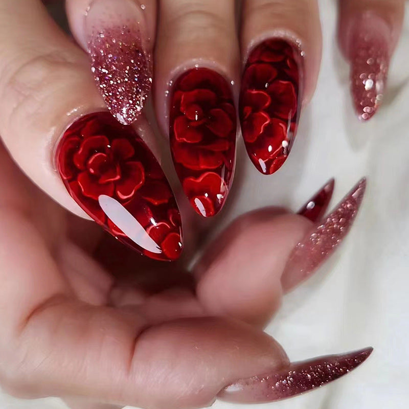 24pcs/Set Red Flowers Press-On Nails