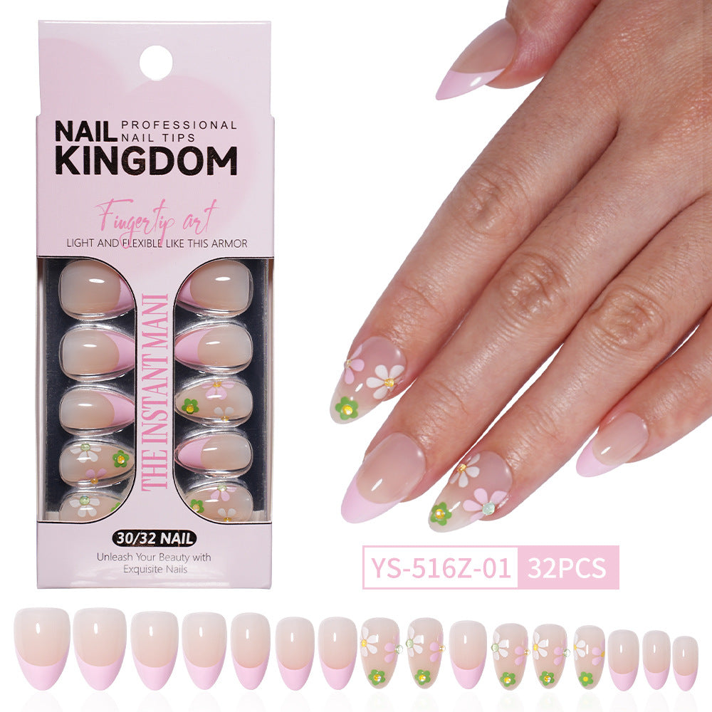32pcs/Set Decal & Rhinestone French Short Almond Press-On Nails