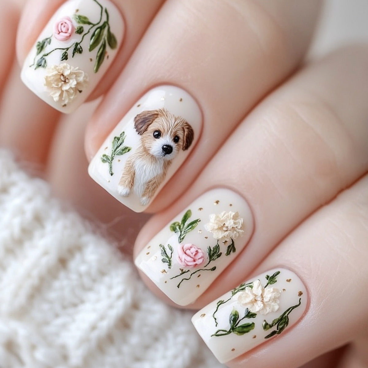 24pcs/Set Pastoral Floral Cute Dog Press-On Nails